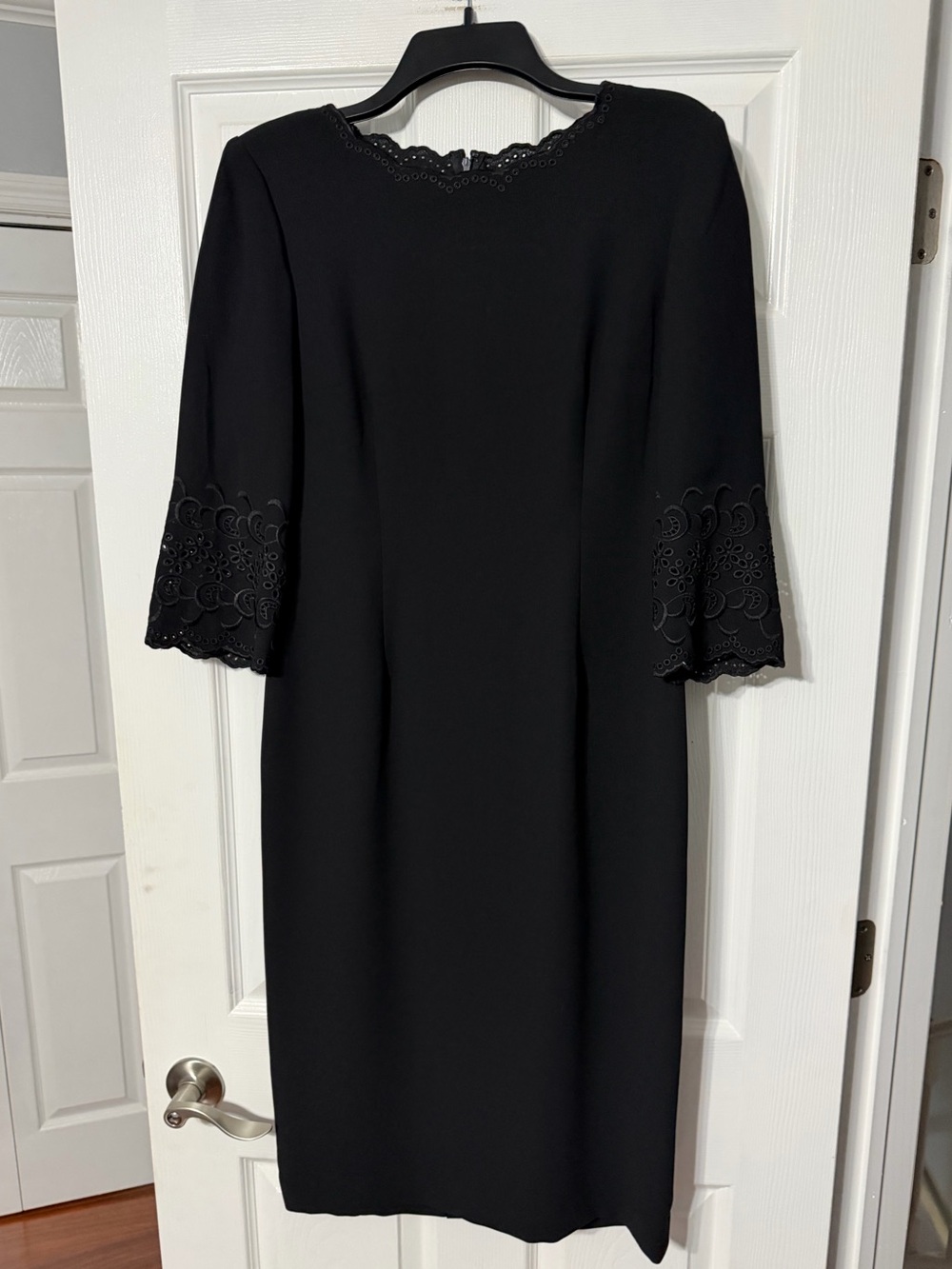 Talbots Petites Black Midi Sheath Dress with Scalloped Lace Sleeves and Collar